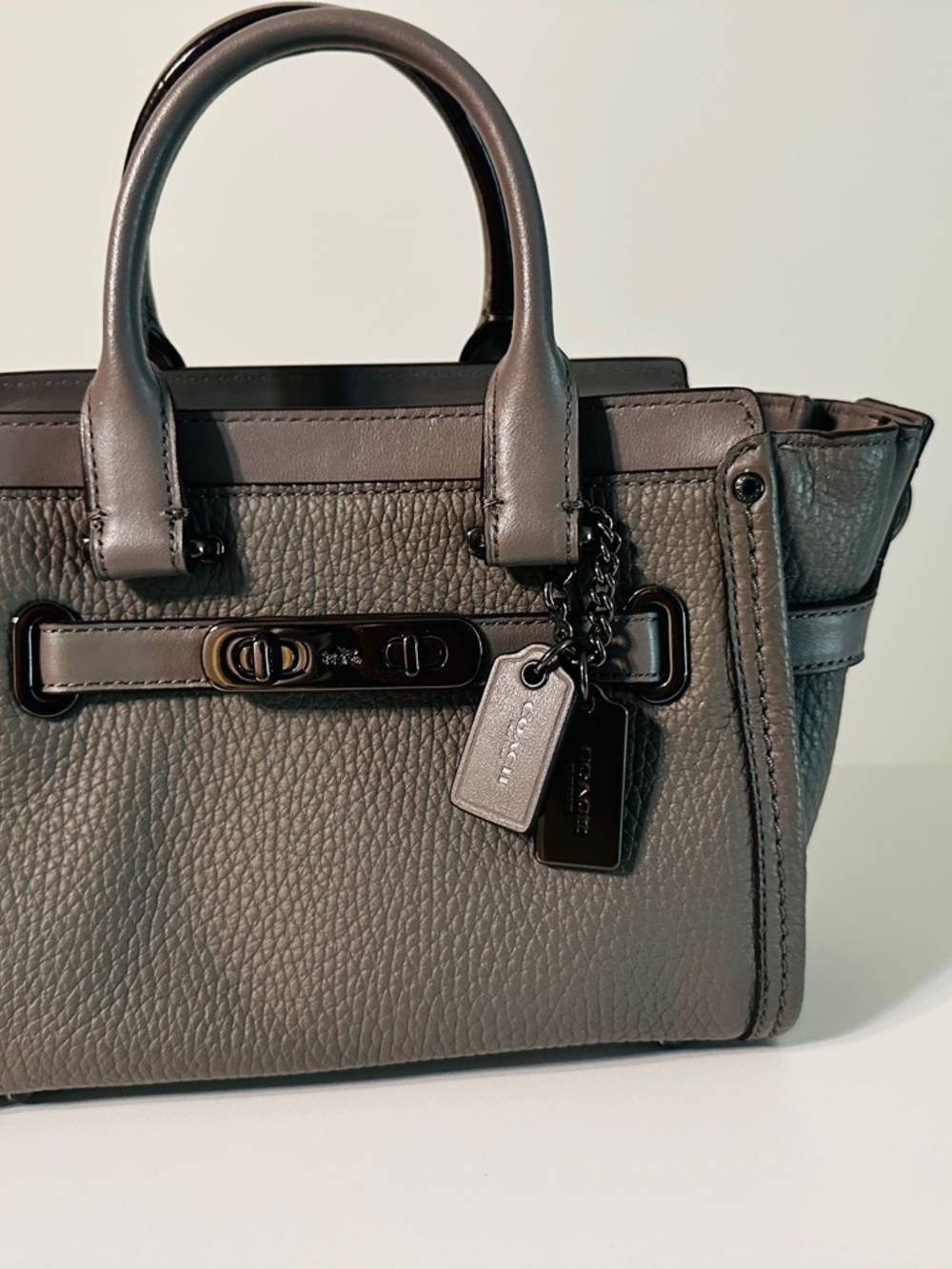 Coach Swagger Gray Pebbled Leather Satchel with Turn-Lock Detail
